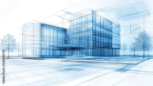 A conceptual blueprint of a steel frame structure for an office building.