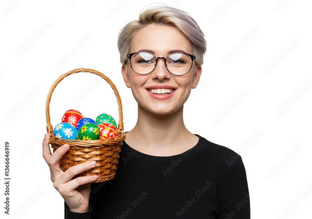 A smiling woman with glasses holding a basket filled with colorful easter eggs against a dark background A smiling woman with glasses holding a basket filled with colorful easter eggs against a dark background