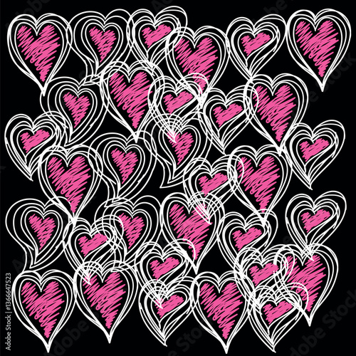 Seamless pattern with patches, stickers, badges, pins with cell phones, heart-shaped sunglasses, lips, lollipops, words "Yes", "Bye", "Nope", hearts, floppy disks, mixtapes in comic style of 80s-90s.