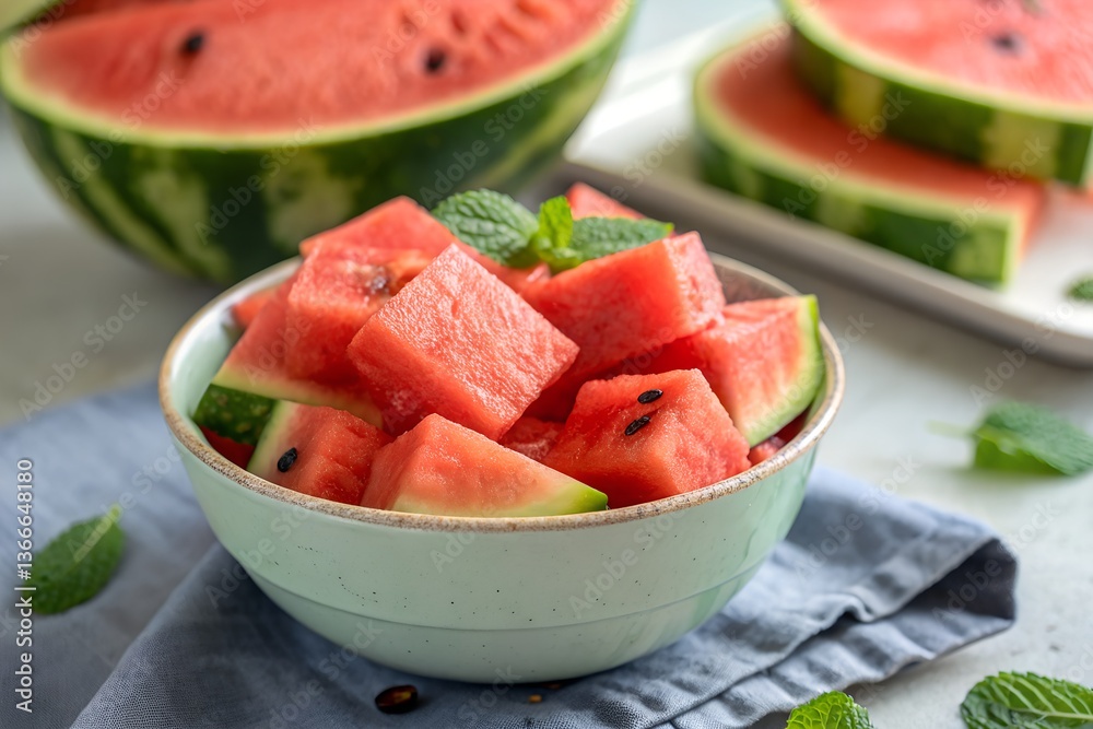 Fresh watermelon cubes in a bowl with mint Fresh watermelon cubes in a bowl with mint