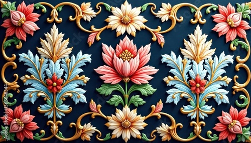 Intricate woven floral damask, elegant swirls and leaves , fabric texture, textile