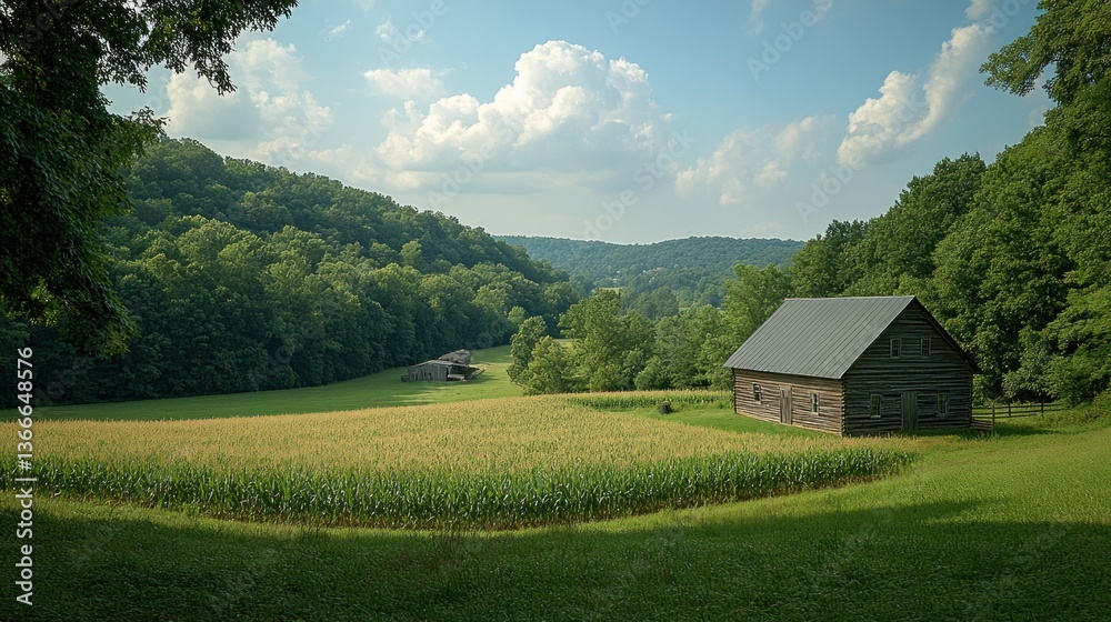 Obraz premium Serene Rural Landscape: Barn in Cornfield with Rolling Hills