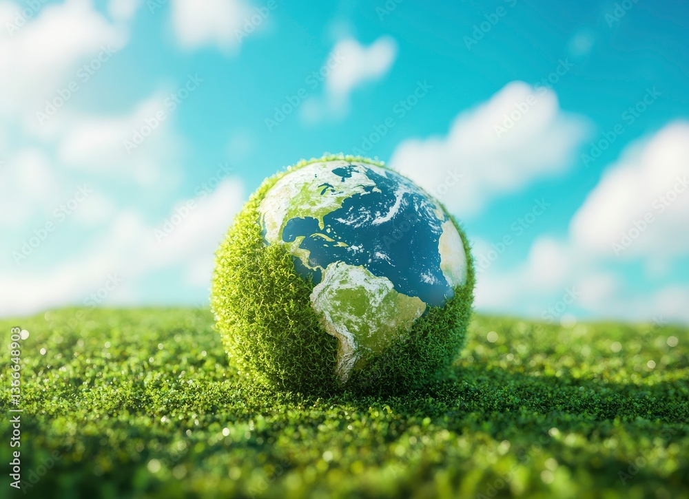 Earth Globe Covered in Grass Resting on a Green Grass Field Earth Globe Covered in Grass Resting on a Green Grass Field
