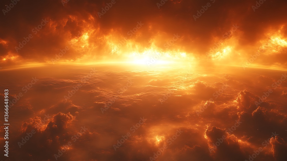 Fototapeta premium Dramatic sunset illuminating a fiery sky above layered cloud formations