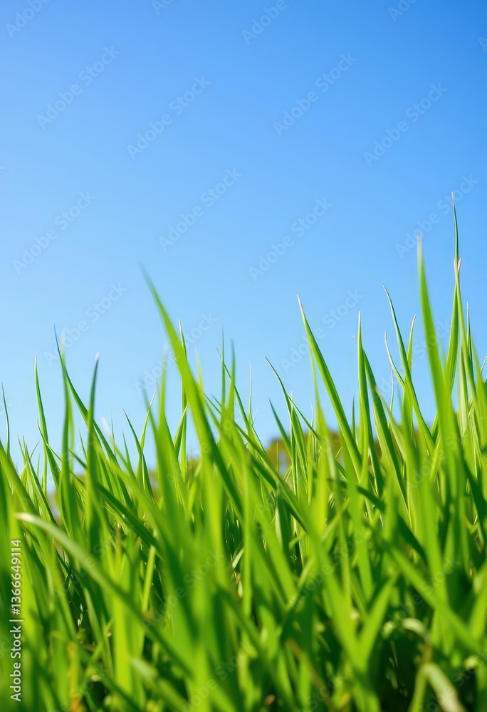 Fototapeta premium Vibrant green grass texture, blank copyspace on clear blue sky, photo, meadow