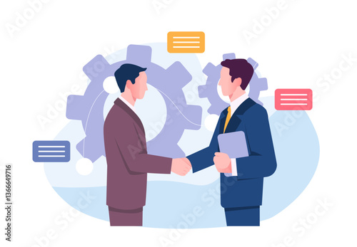 Two businessmen shaking hands, symbolizing agreement or partnership, in flat graphic style with gears and speech bubbles in background. Vector illustration