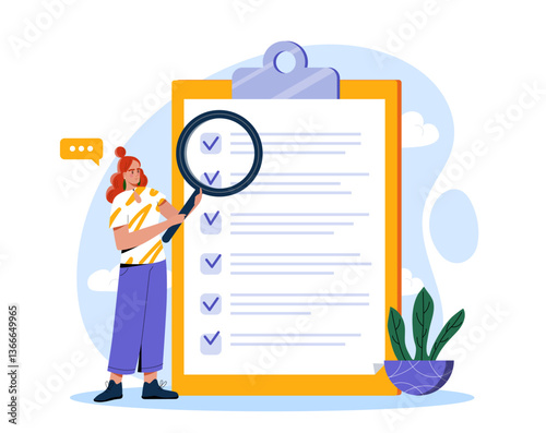 Woman holding magnifying glass examining large checklist on clipboard, flat cartoon style, abstract blue background, concept of task management and planning. Vector illustration
