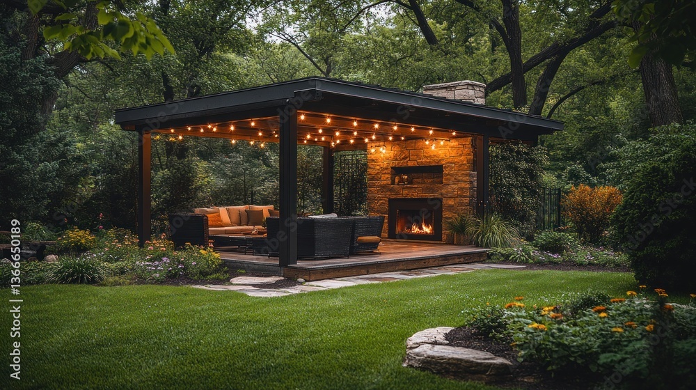 Serene Backyard Oasis: Modern Gazebo with Fireplace Serene Backyard Oasis: Modern Gazebo with Fireplace