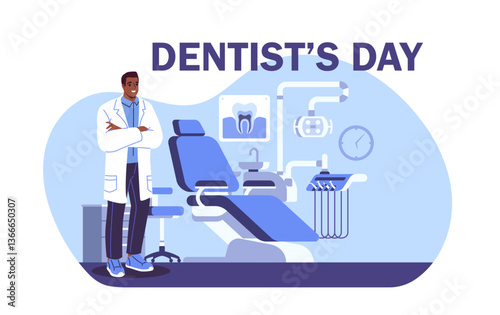 Male dentist with folded arms standing beside dental chair in a modern clinic with dental tools and equipment, in flat cartoon style, on white backdrop. Vector illustration