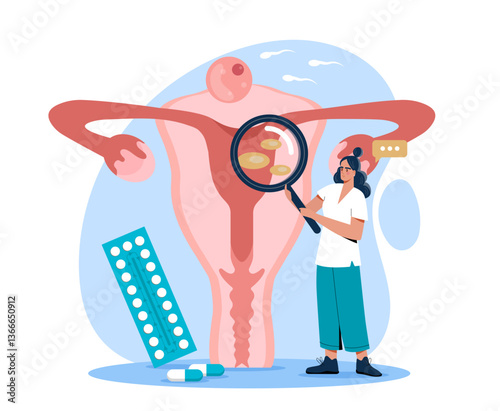 Woman doctor examining uterus with magnifier, showing cysts or fibroids, with pills and contraceptives nearby, on white background. Concept of gynecology. Vector illustration