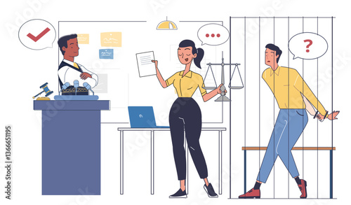 Judge, lawyer with scales, and handcuffed man in courtroom setting, flat graphic style on white background. Concept of justice, legal process. Vector illustration