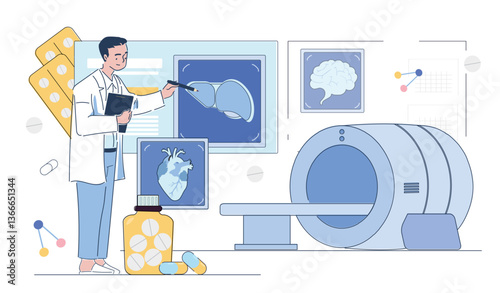 Medical professional examining MRI images of human organs including brain, liver, and heart in modern hospital setting with pills and scanner equipment. Vector illustration