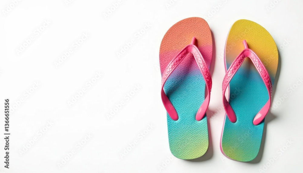 Pair of colorful flip-flops on white background , leisure, bright, footwear Pair of colorful flip-flops on white background , leisure, bright, footwear