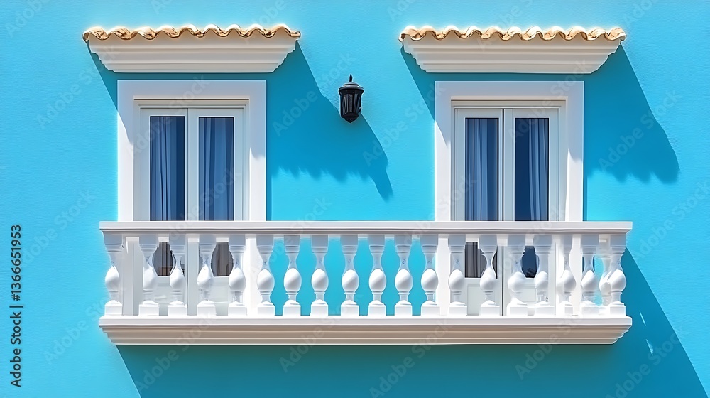 Fototapeta premium Turquoise Building with White Balcony and Windows.