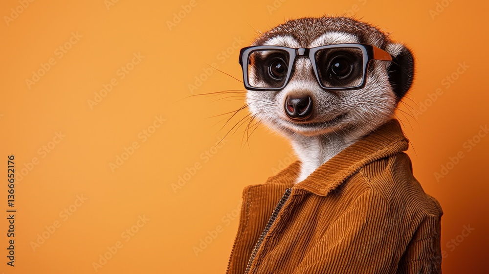 Fototapeta premium Stylish meerkat in glasses and corduroy jacket poses on vibrant orange background