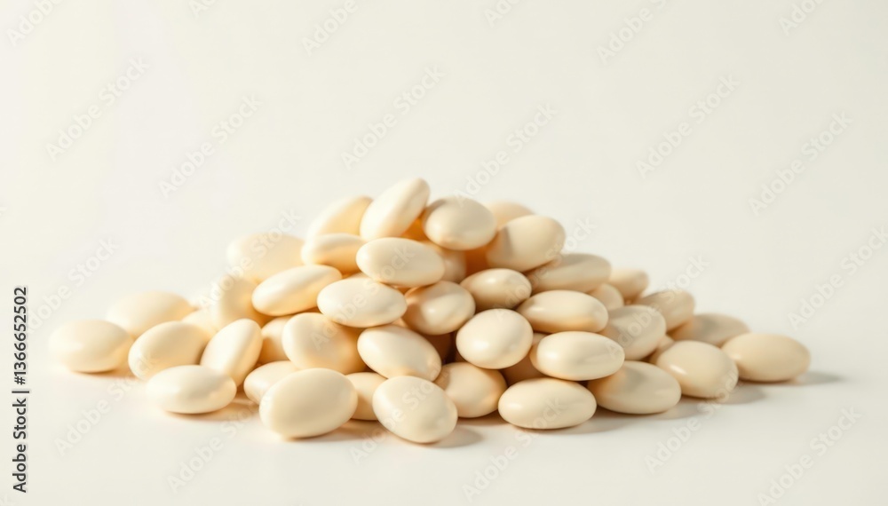 Pile of white beans against bright white backdrop, nutrition, harvest, diet Pile of white beans against bright white backdrop, nutrition, harvest, diet