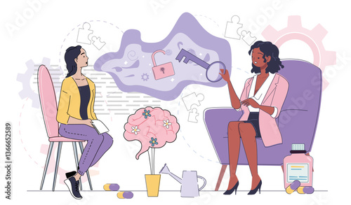 Two women in a therapy session setting, one as a therapist and one as a patient, illustrated in flat style with abstract background elements. Concept of mental health. Vector illustration
