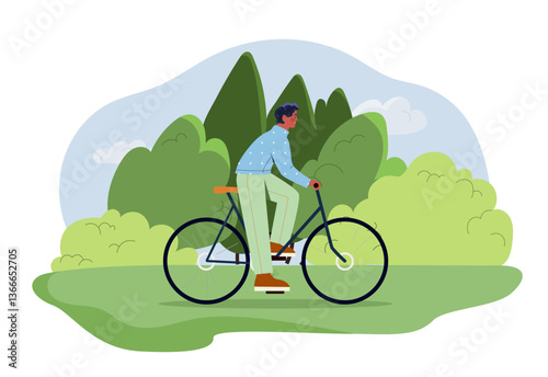 A young man is riding a bicycle through a lush green park with trees and bushes in the background, in a flat cartoon style. Vector illustration
