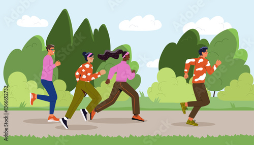 A group of diverse individuals jogging together on a park trail, cartoon style, with green trees and blue sky background. Concept of outdoor fitness. Vector illustration