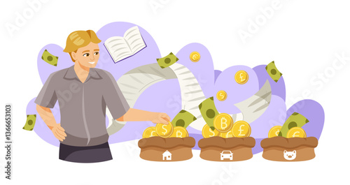 Man placing money into labeled savings bags with symbols for house, car, and pet, cartoon style on white and purple background, concept of financial planning. Vector illustration