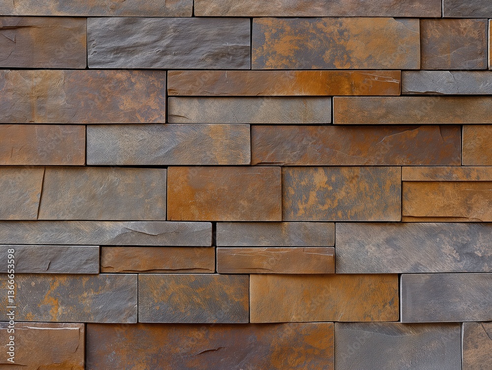 Fototapeta premium Textured stone wall with natural gray and brown tiles in stacked pattern