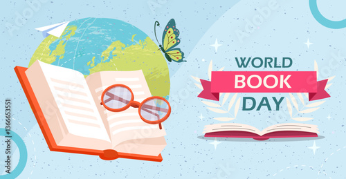Open book with glasses, globe, butterfly, and World Book Day text in a colorful cartoon style on a blue background. Concept of global reading celebration. Vector illustration