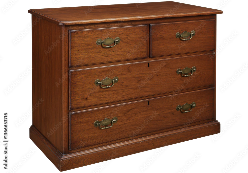 A wooden chest of drawers with four drawers and brass handles in a well lit studio environment setting A wooden chest of drawers with four drawers and brass handles in a well lit studio environment setting