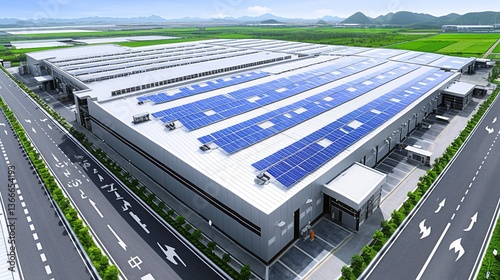 Aerial view of modern large-scale data center with sustainable energy solutions, solar panels on rooftop and green environment surrounding high-tech facility. 