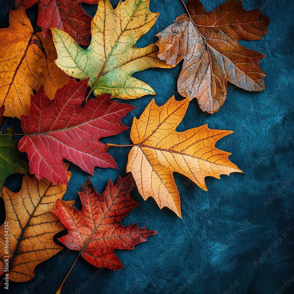 Vibrant autumn leaves on dark blue background - fall foliage collection Vibrant autumn leaves on dark blue background - fall foliage collection