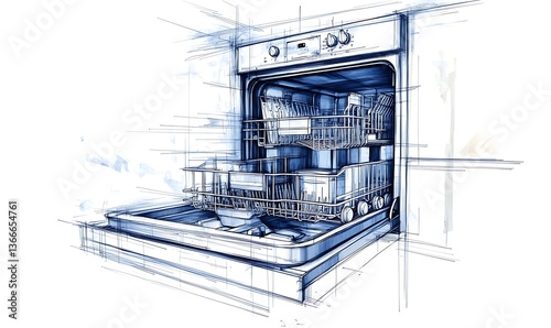 A detailed blue ink drawing illustrates an open dishwasher design