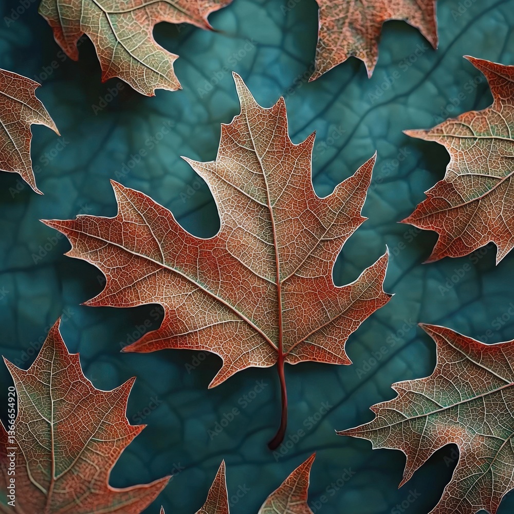 Fototapeta premium Vibrant autumn leaves with vein patterns on teal background - close-up nature detail