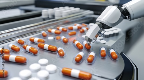 A robotic arm in a cutting edge pharmaceutical factory, assembling automated pill dispensers for precise dosage with extreme accuracy, Pharma-tech style