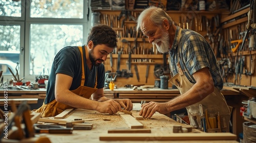 Young and elderly craftsmen collaborating in a woodworking workshop