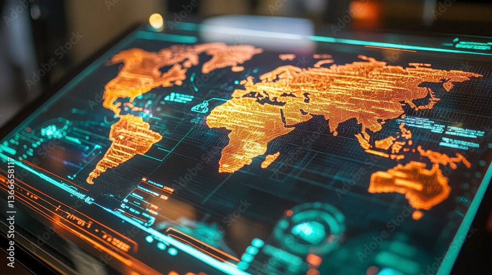 Obraz premium Digital World Map with Futuristic Tech Elements and Data Streams