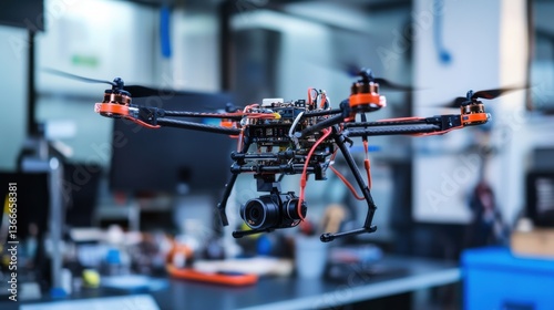 A robotic arm in a cutting edge robotics lab, assembling autonomous drones with advanced navigation systems, Aerospace style