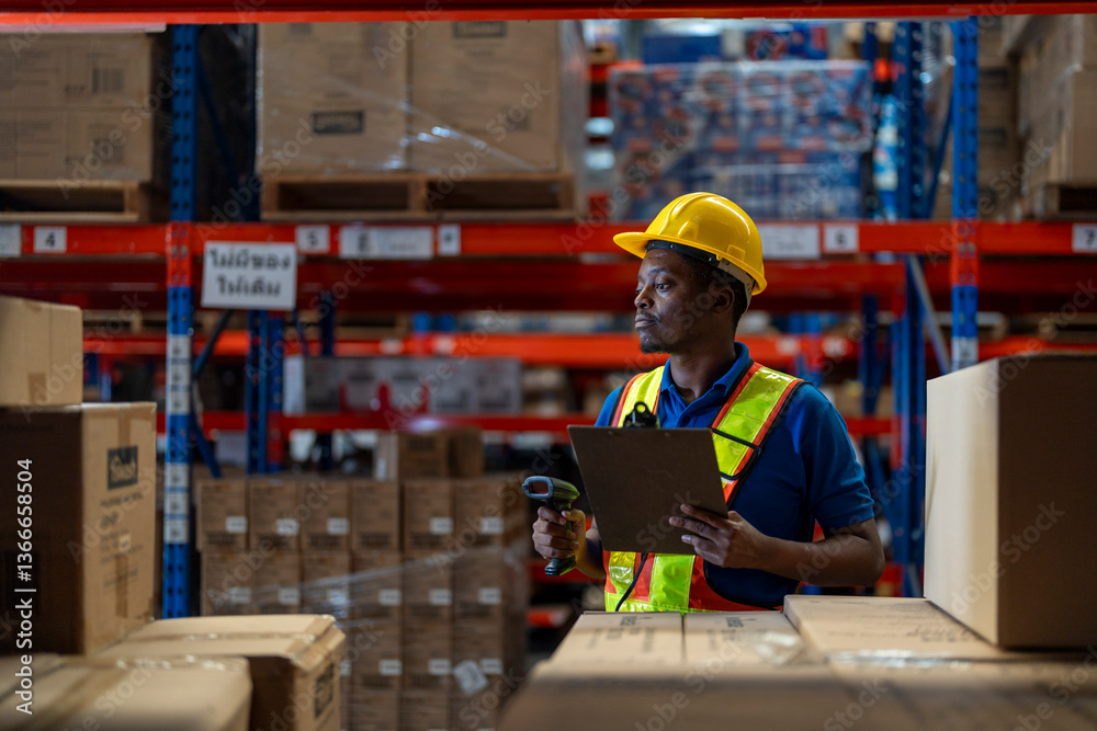 A team of engineers inspects the warehouse in a large storage warehouse. The inspection team uses electronic equipment to monitor the stored goods. staff are in safe working clothes in clean factory. A team of engineers inspects the warehouse in a large storage warehouse. The inspection team uses electronic equipment to monitor the stored goods. staff are in safe working clothes in clean factory.