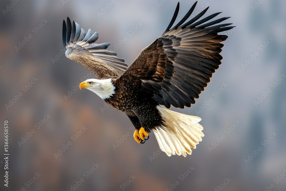 Obraz premium Bald Eagle Soaring with Wings Spread Against a Soft Mountain Backdrop