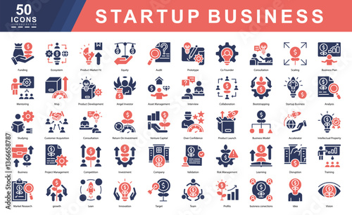 Startup Business icon collection set. Containing Validation,Risk Management,Learning,Disruption,Training,Market Research,growth,Lean,Innovation,Target icon. Simple flat vector illustration.