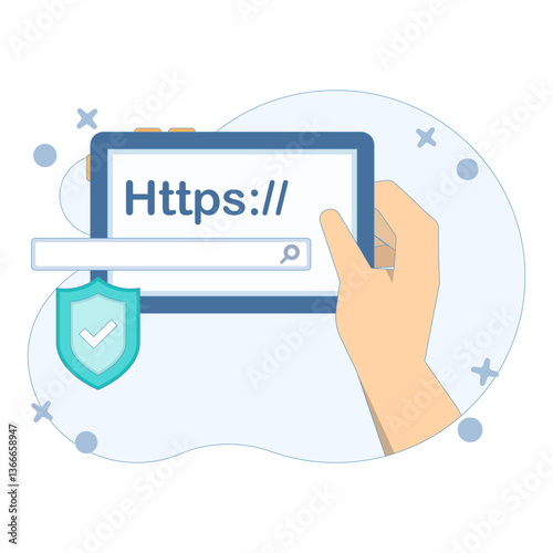 Safe website browsing concept, smart device with search engine bar, HTTPS lock and shield icon, online security and the importance of visiting protected sites. Flat design illustration