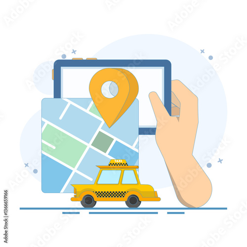 Taxi Rental Concept. Mobile phone with Taxi. Taxi service. Taxi service app on mobile screen. Online booking taxi car. Flat design illustration on background.