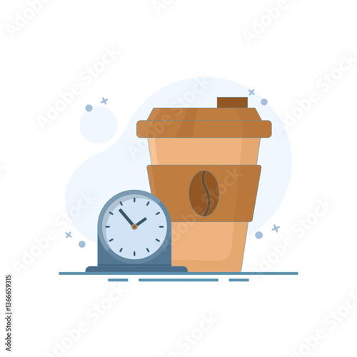 Break Time, Clock and Coffee Cup Concept. It's time to take a break, it's time to drink coffee to relax and refresh yourself from prolonged stress, free from boredom. Flat Design Illustration.