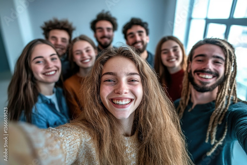 A fun scene of a diverse group of colleagues taking a humorous selfie during a virtual meeting, with genuine smiles and a softly blurred office backdrop
