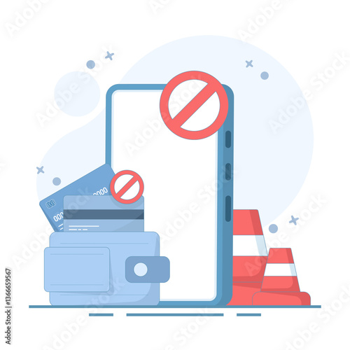Phone and payment card blocked, online payment, warning. Debit card icon with payment warning sign concept online payment rejection icon. flat design illustration on background.