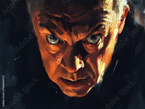 Intense stare from aging man's painted face. photo