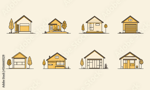 Charming minimalist house designs with trees and garage - vector