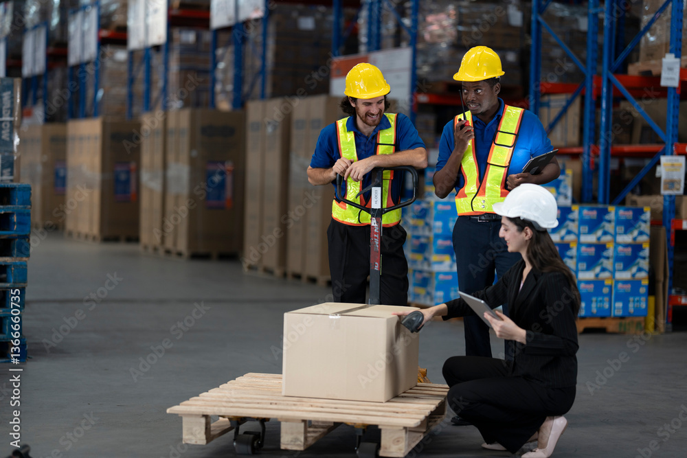 Fototapeta premium A team of engineers inspects the warehouse in a large storage warehouse. The inspection team uses electronic equipment to monitor the stored goods. staff are in safe working clothes in clean factory.