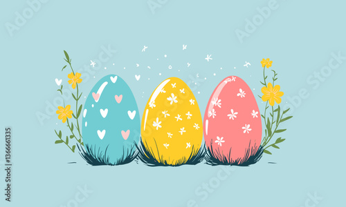 Colorful easter eggs with floral patterns on a blue background, vector