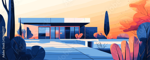 Modern architectural house with vibrant landscaping at sunset - vector