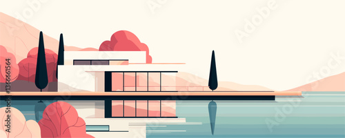 Modern lakeside house with trees in minimalist landscape art - vector