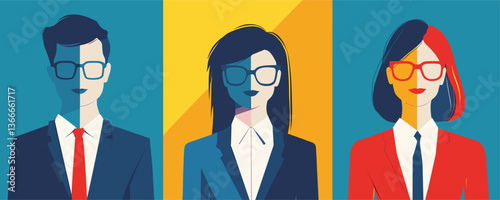 Business professionals in formal attire and glasses on colorful background - vector